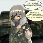  black_gloves blurry blurry_background braid camouflage camouflage_jacket eyepatch gas_mask girls&#039;_frontline gloves green_shirt jacket long_hair long_sleeves looking_at_viewer m16a1_(boss)_(girls&#039;_frontline) m16a1_(girls&#039;_frontline) mask mole mole_under_eye mouth_mask multicolored_hair pointing pointing_at_viewer scar shirt solo third-party_source threat white_hair yellow_eyes 
