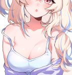  1girl blonde_hair blue_hair blush breasts cleavage close-up collarbone english_commentary eyelashes fang fuwawa_abyssgard hololive hololive_english long_hair multicolored_hair off_shoulder open_mouth pink_eyes savi_(byakushimc) skin_fang solo streaked_hair tank_top virtual_youtuber white_tank_top 