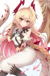  1girl absurdres ass bare_shoulders blonde_hair blush boots breasts closed_mouth cowboy_shot dragon_girl dragon_horns dragon_tail dragon_wings hair_between_eyes head_tilt high_collar highres horns long_hair looking_at_viewer lumiore_prestigious_gold_(shadowverse) maruq_2826 medium_breasts multicolored_hair pointy_ears red_hair red_horns scales shadowverse simple_background single_hair_intake single_wing skin_tight smile solo symbol-shaped_pupils tail wings yellow_eyes 