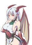  blue_hair blush breasts dragon_girl dragon_horns dragon_tail dragon_wings earrings highres horns jewelry kiasa large_breasts long_hair pointy_ears red_eyes scales sideboob simple_background slit_pupils solo tail wings 