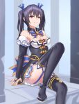  1girl absurdres bangs bare_shoulders black_hair black_legwear boots breasts bridal_gauntlets cleavage closed_mouth detached_collar detached_sleeves dress elbow_gloves frills garter_straps gloves hair_between_eyes hair_ornament hair_ribbon highres long_hair looking_at_viewer medium_breasts neptune_(series) noire red_eyes ribbon sitting skirt smile solo thigh_boots thighhighs thighhighs_under_boots twintails very_long_hair yokuu 
