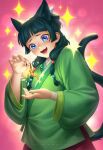  1girl animal_ears artist_name bandaged_arm bandages blue_eyes blunt_bangs cat_ears chinese_clothes commentary excited food food_request freckles green_hair green_hanfu hanfu highres holding holding_food holding_vegetable kusuriya_no_hitorigoto long_hair long_sleeves maomao_(kusuriya_no_hitorigoto) pink_background simple_background slit_pupils solo sparkle sparkling_eyes tail twintails vegetable winterleigh 