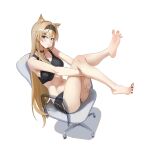  0dd 1girl animal_ear_fluff animal_ears arknights bare_legs barefoot black_hairband black_shorts blonde_hair blush breasts closed_mouth dolphin_shorts extra_ears full_body green_eyes hair_between_eyes hair_ornament hairband hairclip highres horn_(arknights) hugging_own_legs large_breasts long_hair looking_at_viewer nail_polish navel shorts sitting solo toenail_polish toenails very_long_hair wolf_ears 