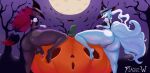 alolan_form alolan_ninetales anthro balls bat big_butt butt clothing costume dead_tree duo female generation_5_pokemon generation_7_pokemon genitals girly gloves halloween halloween_costume handwear hat headgear headwear hi_res holidays huge_butt jack-o&#039;-lantern looking_at_viewer looking_back male mammal moon night nintendo penis plague_w plant pokemon pokemon_(species) presenting presenting_hindquarters pussy regional_form_(pokemon) smile tree witch_costume witch_hat zoroark