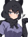  1girl :/ animal_ears animal_print arm_at_side black_bow black_bowtie black_hair black_jaguar_(kemono_friends) bow bowtie center_frills closed_mouth elbow_gloves frilled_shirt frills fur_scarf gloves grey_background grey_eyes hair_between_eyes hand_up hatagaya jaguar_ears jaguar_print kemono_friends looking_at_viewer medium_hair multicolored_hair paw_pose print_gloves print_scarf purple_shirt scarf shirt short_sleeves signature simple_background solo upper_body 
