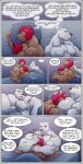 anthro armpit_hair bear bed body_hair comic dialogue duo frostbite_(rubberbuns) furniture hand_on_head head_on_chest hi_res male male/male mammal muscular muscular_anthro muscular_male polar_bear rubberbuns text thought_bubble thoughts ursine wildfire_(rubberbuns)