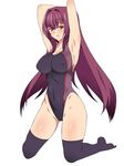  armpits arms_behind_head black_legwear blush breasts competition_swimsuit covered_navel covered_nipples fate/grand_order fate_(series) full_body groin highres kagemusha kneeling large_breasts long_hair looking_at_viewer one-piece_swimsuit purple_hair red_eyes scathach_(fate)_(all) scathach_(fate/grand_order) simple_background solo swimsuit thighhighs white_background 