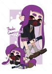  1girl border chibi chibi_inset closed_eyes commentary_request commission coula_cat highres holding holding_weapon inkbrush_(splatoon) inkling inkling_girl inkling_player_character long_hair lying mask mouth_mask multiple_views on_stomach outside_border print_mask purple_background purple_hair red_eyes splatoon_(series) splatoon_3 tentacle_hair thank_you thick_eyebrows weapon white_border 