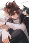  1boy 1other :3 ahoge animal_ears animal_on_shoulder black_pants bracelet brown_hair cat cat_ears cat_on_shoulder cat_tail commentary commentary_request cropped_legs endend_(shinia) english_text ewiyar_(granblue_fantasy) food_in_mouth frown furrowed_brow granblue_fantasy hair_between_eyes hand_on_own_leg jacket jacket_on_shoulders jewelry kemonomimi_mode knees_up looking_at_viewer messy_hair mixed-language_commentary pants sandalphon_(granblue_fantasy) sandalphon_(valentine)_(granblue_fantasy) short_hair sitting sweater sweater_vest tail turtleneck turtleneck_sweater white_sweater_vest 