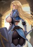  1girl absurdres armor ass back black_pantyhose blonde_hair blue_eyes blurry blurry_background breast_curtains breasts claudia_(horny_dungeon) closed_mouth commentary commission copyright_name english_commentary faulds gauntlets hair_intakes highres holding holding_shield holding_sword holding_weapon horny_dungeon large_breasts long_hair looking_back nipples pantyhose rita_ya shield shoulder_armor solo sword weapon 