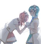  2girls bang_dream! blue_eyes blue_hair blue_skirt bow closed_mouth commentary_request cowboy_shot crying expressionless fresa_pie from_side gloves hair_bow highres hikawa_hina holding_hands jacket long_hair looking_at_another maruyama_aya multiple_girls pink_hair pink_skirt profile short_hair short_sleeves simple_background skirt tears twintails white_background white_bow white_gloves white_jacket white_skirt 