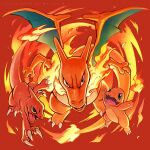  artist_name breath_weapon breathing_fire charizard charmander charmeleon colored_skin evolutionary_line fangs fewer_digits fiery_tail fire highres lizard lizard_tail looking_at_viewer mei_ford orange_skin pokemon pokemon_(creature) red_background red_skin red_theme tail wings 
