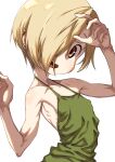  1girl bare_shoulders blonde_hair blush breasts dress ear_piercing green_dress hair_over_one_eye halterneck highres idolmaster idolmaster_cinderella_girls looking_at_viewer open_mouth piercing shirasaka_koume short_hair simple_background skinny small_breasts solo tamon_(pixiv_96658592) upper_body white_background yellow_eyes 
