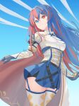  1girl alear_(female)_(fire_emblem) alear_(fire_emblem) blue_eyes blue_hair braid breasts crossed_bangs crown_braid fire_emblem fire_emblem_engage heterochromia highres large_breasts multicolored_hair red_eyes red_hair revvie solo split-color_hair thighhighs tiara two-tone_hair 