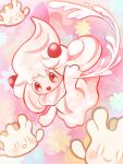 :d alcremie arm_up chigu_(chiguchigu0112) commentary_request evolutionary_line food fruit happy looking_at_viewer milcery no_humans open_mouth pokemon pokemon_(creature) red_eyes smile strawberry waving 