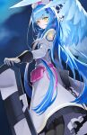  1girl absurdres angry black_cloud blue_archive blue_hair blue_wings breasts dark_background dra_(dhra_a) dress green_eyes highres looking_at_viewer mine_(blue_archive) shield standing white_dress wings 