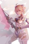  1girl antenna_hair armor blonde_hair breasts cyborg fiora_(xenoblade) gloves green_eyes highres looking_at_viewer mecha-fiora medium_breasts parted_lips short_hair simple_background smile solo standing sword tangmen_igo weapon xenoblade_chronicles_(series) xenoblade_chronicles_1 