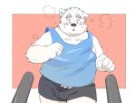2024 anthro belly blush bottomwear bulge canid canine canis clothing domestic_dog exercise hi_res humanoid_hands inunoshippo kemono male mammal moobs overweight overweight_male running shirt shorts simple_background solo topwear workout