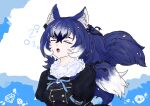  1girl 8tciv0safx84073 animal_ears blue_background blue_hair bow bowtie dire_wolf_(kemono_friends) extra_ears highres jacket kemono_friends kemono_friends_v_project long_hair ribbon scarf simple_background solo tail twintails upper_body virtual_youtuber wolf_ears wolf_girl wolf_tail 