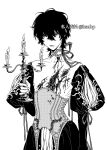  1boy artist_name candle collarbone commentary corset dress hair_between_eyes highres holding_candle_stand ksnbp666 monochrome no_nose original puffy_sleeves scar short_hair simple_background solo standing symbol-only_commentary 