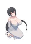  1girl aningay bare_shoulders black_hair blush breasts character_request cleavage closed_mouth collarbone commentary_request covered_navel dongtan_dress dress full_body grey_dress grey_footwear grey_hair grey_jacket highres horns huge_breasts indie_virtual_youtuber jacket korean_commentary long_sleeves looking_at_viewer meme_attire multicolored_hair off_shoulder open_clothes open_jacket red_eyes shoes short_hair simple_background sleeveless sleeveless_dress sleeves_past_wrists solo squatting streaked_hair tail virtual_youtuber white_background 