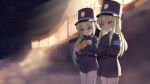  2girls absurdres black_hat black_jacket black_shorts black_skirt blue_archive blush buttons closed_mouth cowboy_shot double-breasted green_hair green_halo halo hat highlander_sidelocks_conductor_(blue_archive) highlander_twintails_conductor_(blue_archive) highres jacket long_hair long_sleeves multiple_girls open_mouth pantyhose peaked_cap pleated_skirt pointy_ears raviolimavioli shorts sidelocks skirt smile twintails white_pantyhose yellow_eyes 