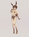  1girl absurdres animal_ears breasts brown_hair commission corruption full_body grey_background hand_on_own_chest highres liquid looking_at_viewer medium_breasts original pussy rabbit_ears rabbit_girl rabbit_tail shen_hai_ichigo short_hair solo standing tail variant_set yellow_eyes 