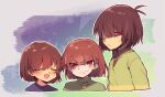  3others antenna_hair blue_shirt blunt_bangs blush brown_hair chara_(undertale) child collared_shirt colored_skin cropped_torso crossover deltarune frisk_(undertale) green_shirt green_sweater grey_background hair_behind_ear hair_over_one_eye heart heart_necklace jewelry komugiko_(bitte_komu) kris_(deltarune) long_sleeves looking_at_viewer multiple_others necklace outline red_eyes shaded_face shirt short_hair striped_clothes striped_shirt sweater turtleneck turtleneck_sweater undertale upper_body white_outline yellow_shirt yellow_skin 