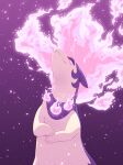  animal_focus closed_mouth commentary_request fire gradient_background highres hisuian_typhlosion lemonade_kokoi light_smile no_humans pink_fire pokemon pokemon_(creature) purple_background red_eyes simple_background 