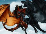  2014 black_skin claws day digital_media_(artwork) dragon duo female feral flying male membranous_wings natoli nude outside smile wings 