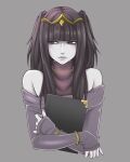  1girl alternate_costume bare_shoulders black_eyes black_hair blunt_bangs blush closed_mouth commentary cropped_torso fire_emblem fire_emblem_awakening grey_background highres long_hair off_shoulder pale_skin simple_background sleeves_past_wrists solo sweaty_socks tharja_(fire_emblem) tiara two_side_up upper_body 