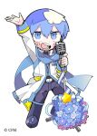  1boy aoyagi_touya arm_up belt belt_buckle black_belt black_shirt blue_bow blue_flower blue_footwear blue_hair blue_pants blue_scarf bow buckle coat collared_coat commentary_request copyright_notice denim flower full_body high_collar holding holding_microphone_stand jeans long_sleeves male_focus microphone_stand pants project_sekai scarf shirt shoes short_hair simple_background single_stripe solo star_(symbol) striped_bow terada_tera white_background white_coat white_sleeves 