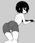  1girl akableak arm_support ass bare_back bent_over bike_shorts black_eyes black_gloves black_hair black_shorts cameltoe closed_mouth empty_eyes flat_chest from_behind gloves grey_background greyscale highres kneeling kneepits leaning_forward light_smile looking_at_viewer looking_back monochrome monogatari_(series) oshino_ougi short_hair shorts shoulder_blades simple_background smile solo thigh_gap topless 