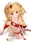  :o animal_ears bandeau bare_shoulders blonde_hair blush collarbone cropped_legs flat_chest granblue_fantasy hair_ornament harvin head_tilt highres index_finger_raised koi_dance long_hair looking_at_viewer mahira_(granblue_fantasy) midriff navel red_eyes shou_xun_bu_liang simple_background solo thighhighs very_long_hair white_background wide_sleeves 