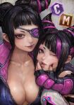  2girls black_hair breasts collarbone commentary_request diagonal_bangs dual_persona eyepatch hair_horns han_juri hand_on_another&#039;s_cheek hand_on_another&#039;s_face highres large_breasts medium_hair miche multicolored_hair multiple_girls one_eye_closed parted_lips pink_eyes pink_hair smile streaked_hair street_fighter street_fighter_6 street_fighter_v two-tone_hair 