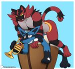 anthro anthro_on_anthro anthro_penetrated anthro_penetrating anthro_penetrating_anthro black_body black_ears black_fur black_tail blue_body blue_ears blue_fur bodily_fluids canid canine claws duo felid finger_claws from_behind_position fur generation_4_pokemon generation_7_pokemon genitals heart_eyes heart_symbol hi_res holding_musical_instrument holding_object incineroar lucario male male_penetrating mammal mouth_hold multicolored_body multicolored_fur musical_instrument nintendo penetration penis pokemon pokemon_(species) red_body red_fur sex spelunker_sal tail tears teeth two_tone_body two_tone_fur two_tone_tail yellow_sclera