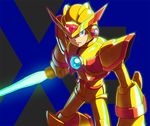  armor beam_saber degarashi_(ponkotsu) gold_armor helmet holding holding_weapon looking_at_viewer male_focus pauldrons robot rockman rockman_x solo sword weapon x_(rockman) 