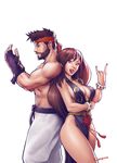  1girl \m/ alternate_costume alternate_hairstyle back-to-back beard black_hair bracelet breasts brown_hair chun-li cleavage downscaled facial_hair headband highres jewelry kampona large_breasts looking_at_viewer md5_mismatch resized ryuu_(street_fighter) spiked_bracelet spikes street_fighter street_fighter_v tongue tongue_out 