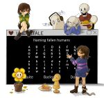  0_0 2boys 2others absurdres androgynous ankle_boots bandaged_leg bandages beanbun_pasta black_shorts blue_jacket blue_shorts blue_sweater boots brown_footwear brown_hair chara_(undertale) child chinese_commentary closed_eyes commentary_request crossed_legs dummy_(undertale) elbow_rest flower flowey_(undertale) food frisk_(undertale) gameplay_mechanics ghost green_sweater grin head_on_hand headphones highres holding holding_plate holding_stick jacket long_sleeves multiple_boys multiple_others musical_note napstablook open_mouth outline papyrus_(undertale) pasta pie pie_slice plate red_eyes red_scarf sans scarf short_hair shorts sitting skeleton sleeping smile spaghetti standing stick sweater undertale white_background white_outline window_(computing) yellow_flower zzz 