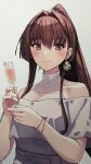 1girl absurdres bare_shoulders brown_eyes brown_hair champagne_flute cup dress drinking_glass grey_dress hair_intakes highres holding kantai_collection long_hair official_alternate_costume ponytail shizuma_yoshinori sidelocks solo third-party_source upper_body very_long_hair yamato_(kancolle) 