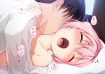  1boy 1girl admiral_(kantai_collection) bed black_hair blush collarbone eyes_closed heart hug kantai_collection kiss moaning neck_kiss open_mouth pillow pink_hair shacho_(ko_no_ha) shiranui_(kantai_collection) shirt short_hair white_shirt 