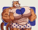 abs anthro biceps bodypaint clothing elninisss felid fur hi_res male mammal muscular muscular_anthro muscular_male pantherine pecs remmy_(colt_wolf) self_grope smile solo striped_body striped_fur stripes tiger underwear