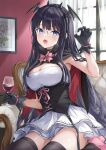  1girl alcohol armpits bare_shoulders black_choker black_gloves black_hair black_hairband black_thighhighs blue_eyes bow breasts cape choker cleavage cup dress drinking_glass fake_horns fake_wings fangs glasses gloves hairband hand_up head_wings higeneko highres holding holding_cup horns long_hair looking_at_viewer medium_breasts open_mouth original pink_bow pink_footwear pink_ribbon ribbon rimless_eyewear shoes short_dress sidelocks sitting sleeveless sleeveless_dress solo spaghetti_strap thighhighs thighs underbust very_long_hair white_dress wine wine_glass wings zettai_ryouiki 