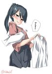  bangs black_eyes black_hair blush collared_shirt cowboy_shot ebifurya eyebrows_visible_through_hair groping hair_between_eyes hakama hand_under_clothes heart highres holding holding_clothes holding_shirt houshou_(kantai_collection) japanese_clothes kantai_collection kimono long_hair looking_to_the_side motion_lines one_side open_mouth ponytail red_kimono shirt simple_background solo_focus speech_bubble spoken_heart tasuki translated twitter_username white_background white_shirt 