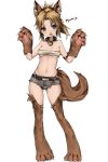  1girl animal_ear_fluff animal_ears bare_shoulders belt belt_buckle blonde_hair breasts brown_fur buckle claws collarbone cutoffs dog_ears dog_girl dog_paws dog_tail fang fate_(series) forehead full_body grey_shorts hands_up highleg_shorts highres large_tail legs light_blush looking_at_viewer micro_shorts midriff mordred_(fate)_(all) navel open_mouth paws pigeon-toed short_hair shorts simple_background small_breasts solo standing stomach tail third-party_source underboob v-shaped_eyebrows w_arms white_background widow&#039;s_peak 
