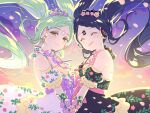  2girls backlighting bare_shoulders black_dress blue_hair braid braided_bangs closed_eyes closed_mouth cloud cowboy_shot detached_sleeves dress falala_a_larm floating_hair floral_print flower from_side garara_s_leep green_hair head_chain headphones idol_time_pripara long_hair looking_at_viewer multiple_girls n_(m_ohkamotoh) open_mouth petals pink_flower pretty_series print_dress pripara puffy_detached_sleeves puffy_sleeves purple_flower siblings sisters sky smile symbol-shaped_pupils third-party_source twins twintails very_long_hair white_dress yellow_eyes 