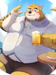 2024 absurd_res anthro belly big_belly black_nose blush bottomwear canid canine canis clothing cute_fangs detailed_background domestic_dog hi_res humanoid_hands kemono male mammal metaporin outside overweight overweight_male shirt shorts sitting smoking solo tattoo topwear