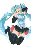  1girl :d absurdres aqua_eyes aqua_hair aqua_necktie arm_behind_head arm_up bare_shoulders black_footwear black_skirt black_sleeves boots breasts clothes_lift collared_shirt detached_sleeves floating_hair full_body hair_ornament hands_up hatsune_miku high_heels highres jumping large_breasts legs_up long_hair long_sleeves looking_up miniskirt necktie ruukii_drift shirt shoulder_tattoo skirt skirt_lift sleeveless sleeveless_shirt smile solo tattoo teeth thigh_boots twintails very_long_hair vocaloid weibo_logo weibo_username white_background white_shirt wind wind_lift 