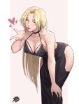  1girl absurdres artist_name backless_dress backless_outfit black_dress blonde_hair blowing_kiss blush breasts cleavage dress feet_out_of_frame french_tips hand_on_own_knee hand_up hanging_breasts heart highres hip_vent jujutsu_kaisen large_breasts leaning_forward lips long_dress long_hair looking_at_viewer no_bra one_eye_closed parted_lips pink_nails shibewave simple_background solo straight_hair tsukumo_yuki_(jujutsu_kaisen) white_background 
