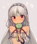  altera_(fate) bare_shoulders blush candy check_translation commentary_request crop_top detached_sleeves fate/extella fate/extra fate/grand_order fate_(series) food food_in_mouth forehead_jewel hairband heart holding holding_food lollipop looking_at_viewer red_eyes smile solo tan_background translation_request upper_body veil walzrj white_hair 